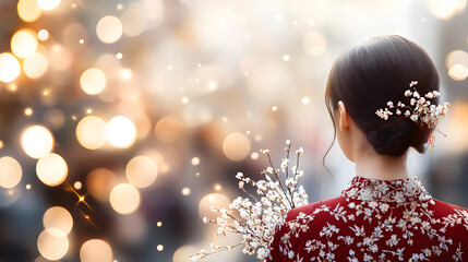 Smiling asian woman wearing beautiful traditional red cheongsam qipao dress on bokeh background. celebrates Chinese New Year. Design for festival posters, greeting cards and banner