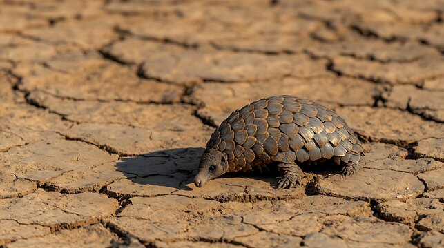 A sunda pangolin walking slowly across the dry cracked earth of a desert