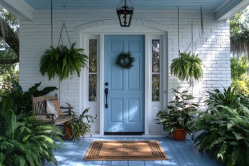 Elegant Florida Home with White Brick Walls, Light Blue Ceiling, and Natural Sunlight Streaming In through Porch