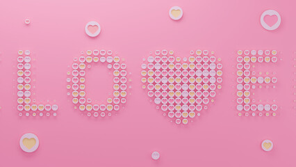 3d rendering of a variety of love symbols, hearts on discs of different sizes and colors form a large text "LOVE". 3d illustration for Valentine's Day lovers' Day