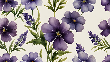 A delicate watercolor painting of a seamless floral pattern featuring purple flowers and green leaves.
