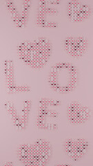 3d rendering of a variety of love symbols, hearts on discs of different sizes and colors form a large text "LOVE". 3d illustration for Valentine's Day lovers' Day