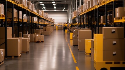 Modern Warehouse Logistics with Stacked Boxes and Shelves