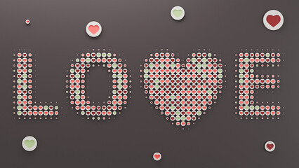 3d rendering of a variety of love symbols, hearts on discs of different sizes and colors form a large text "LOVE". 3d illustration for Valentine's Day lovers' Day