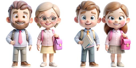 two happy students go to school back to school isolated on white background.AI GENERATED