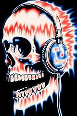 1980's airbrush poster, Skull with a headphone in front of a computer, back view, black background, vintage t-shirt style