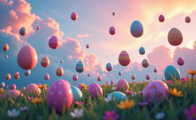Fototapeta premium A whimsical scene of colorful Easter eggs flying through a vibrant sky above a field of grass and flowers.