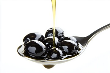 olives oil flows spoon close