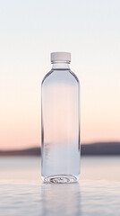 Clear Plastic Water Bottle on Table with Sunset Background