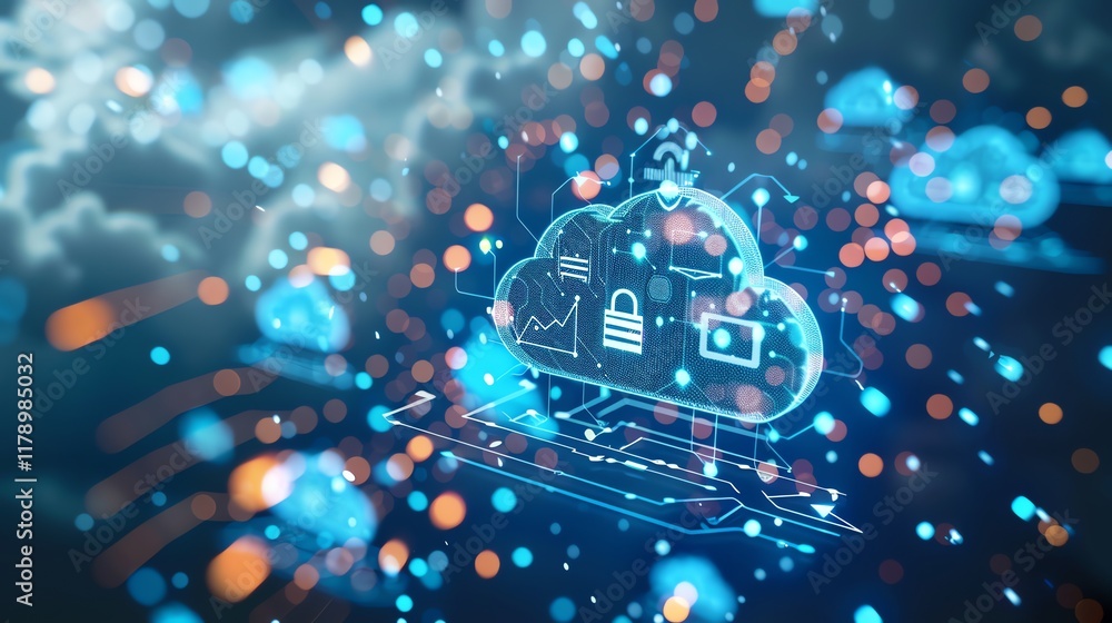 Poster abstract representation of a digital cloud with icons, with a blurred background of bokeh.