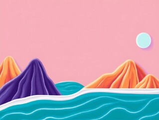 Vibrant Digital Illustration: Serene Papercut Mountains Gently Rolling Over Teal Ocean Waves. AI Generated