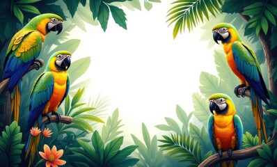 Colorful parrots in a tropical jungle setting