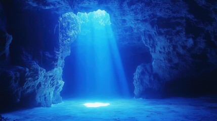 Mystical cave entrance illuminated by ethereal blue light, enchanting atmosphere inviting exploration and adventure.