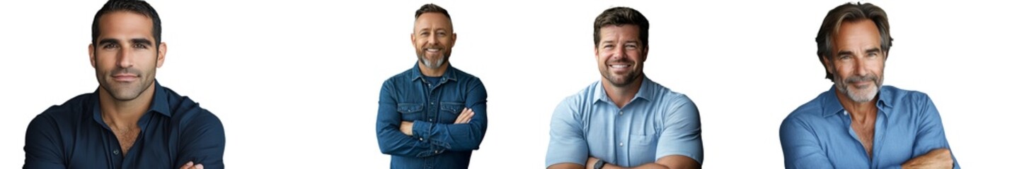A present-day businessman, wearing a blue shirt and standing with crossed arms, isolated on a gray backdrop.
