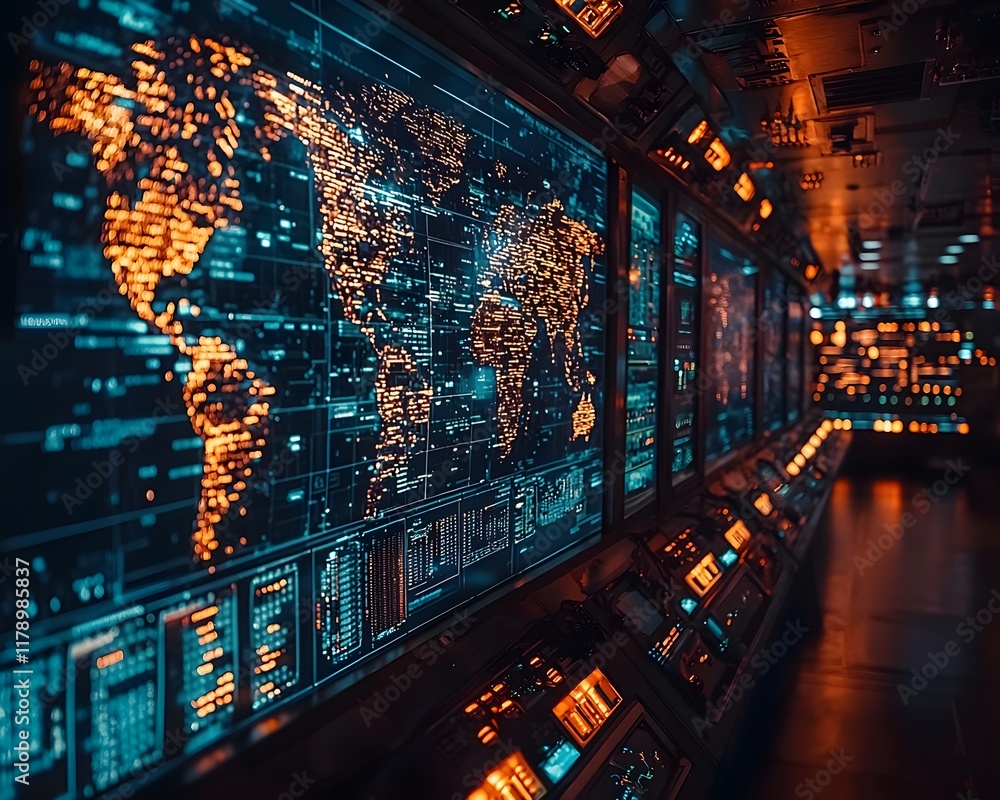 Poster futuristic global control room with real time data communication monitoring and analytics