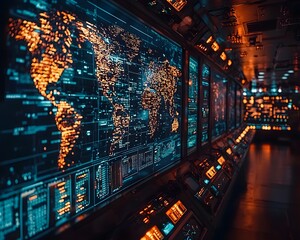 Futuristic Global Control Room with Real Time Data Communication Monitoring and Analytics