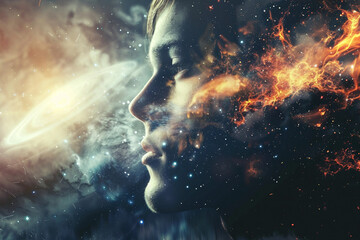 Fototapeta premium Generative AI Close-Up of a Time Traveler Exploring Cosmic Portal Across Space and Time