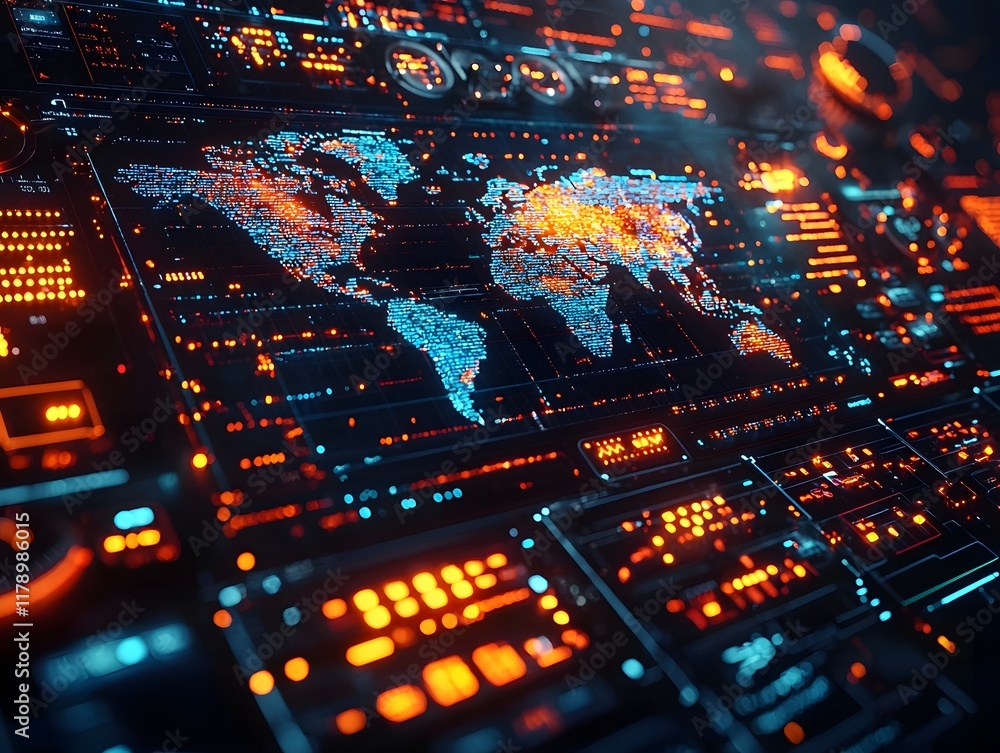 Poster futuristic global communication and data visualization control panel