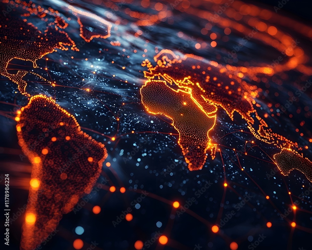 Poster glowing global network of undersea communication cables transmitting high speed data and signals acr