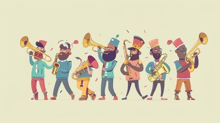 Fototapeta premium A cartoon illustration of a band playing brass instruments.