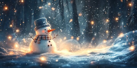 Snowman with blurred bokeh lights creating a festive winter background.