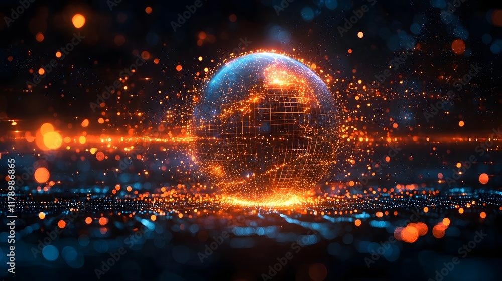 Poster pulsing digital globe representing real time global communication and connectivity