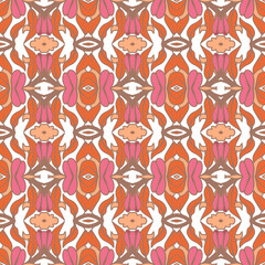 Geometric pattern in warm orange and peach tones with floral motifs