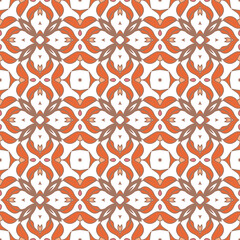Geometric pattern in warm orange and peach tones with floral motifs