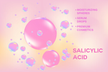 Glowing 3d salicylic acid liquid bubbles or flowing fluid molecule droplet background. Moisturizer serum chemical formula with copy space. Beauty treatment, cosmetics ingredient infographic banner