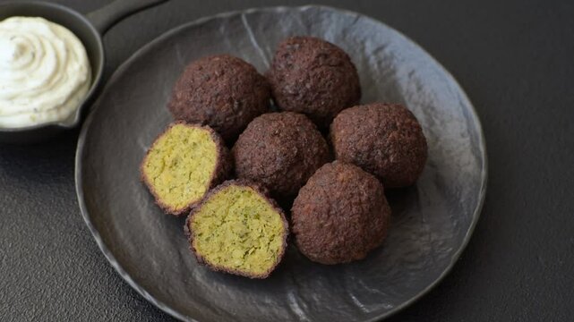 Fried chickpea falafel balls with salt, spices and herbs. Vegetarian and vegan dish