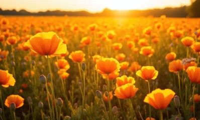 Vibrant orange flowers in golden sunlight
