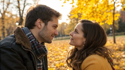 Amorous glance between a couple surrounded by autumn leaves in a park