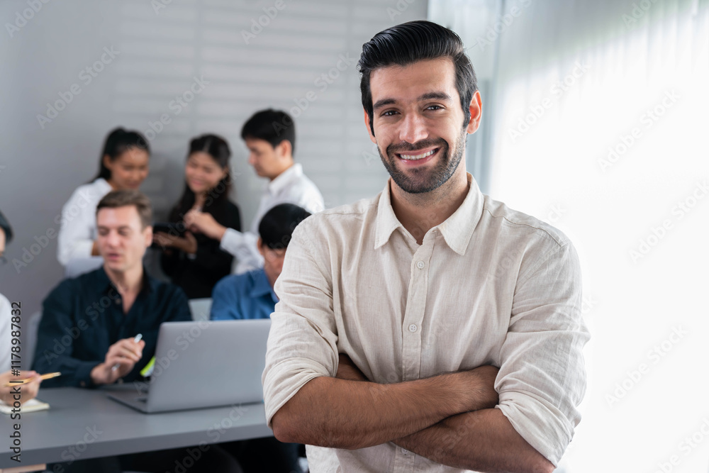 Poster confidence and happy smiling businessman portrait with background of his colleague and business team