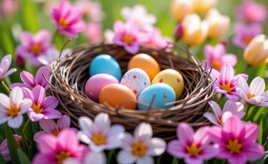 Fototapeta premium A nest filled with colorful Easter eggs nestled among a bed of blooming daisies, creating a vibrant and festive springtime scene.