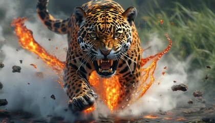 Obraz premium A running aggressive leopard, kicking up pillars of dust and water-fire splashes