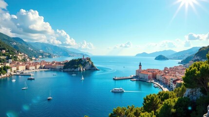 Fototapeta premium Idyllic coastal town nestled between mountains and sea, featuring charming architecture and calm waters