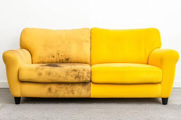 Comparison of Clean and Soiled Yellow Sofa Upholstery