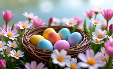 Fototapeta premium A nest filled with colorful Easter eggs nestled among a bed of blooming daisies, creating a vibrant and festive springtime scene.