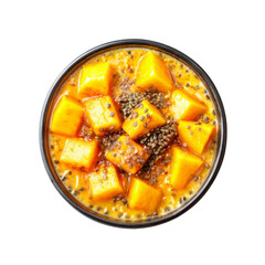 Mango Chia Pudding Parfait: A vibrant overhead shot of a delicious mango chia seed pudding parfait in a black bowl.  The sweet mango cubes are artfully arranged.