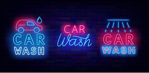 Car wash neon emblems collection. Auto clean service. Glowing labels. Vector stock illustration