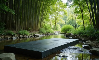 Tranquil stream with black platform