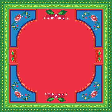 A border of floral in a colorful rickshaw painting with a red background