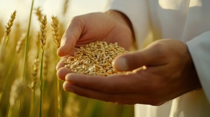 Worker inspecting grain quality before milling, close-up shot 