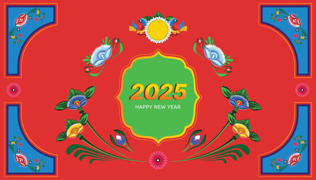 A set of floral borders with two birds holding a text box Colorful Rickshaw painting