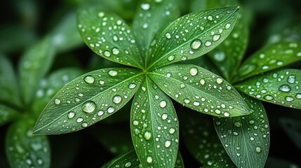 Fototapeta premium Dew drops on lush green leaves. (2)