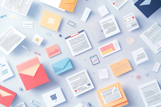 A vibrant assortment of colorful papers and envelopes scattered across a clean surface, showcasing a variety of documents and charts. Ideal for themes around communication,