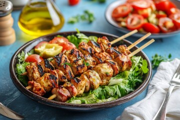 Fototapeta premium greek meal consisting of kebabs, vegetables and olive oil on the table
