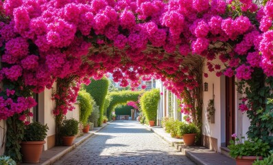 Vibrant bougainvillea drapes enchanting pathway