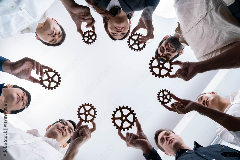 Poster Business team joining cogwheel in circular together symbolize successful group of business partnership and strong collective unity teamwork in community workplace with productive efficiency. Prudent