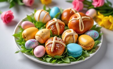 A festive Easter spread featuring colorful decorated eggs, a hot cross bun, and delicate macarons, all arranged on a bed of green shredded paper.